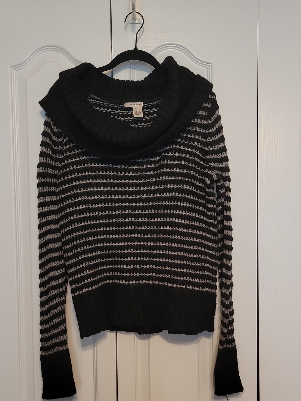 DKNY Black & Gray Striped Cowl Neck Sweater